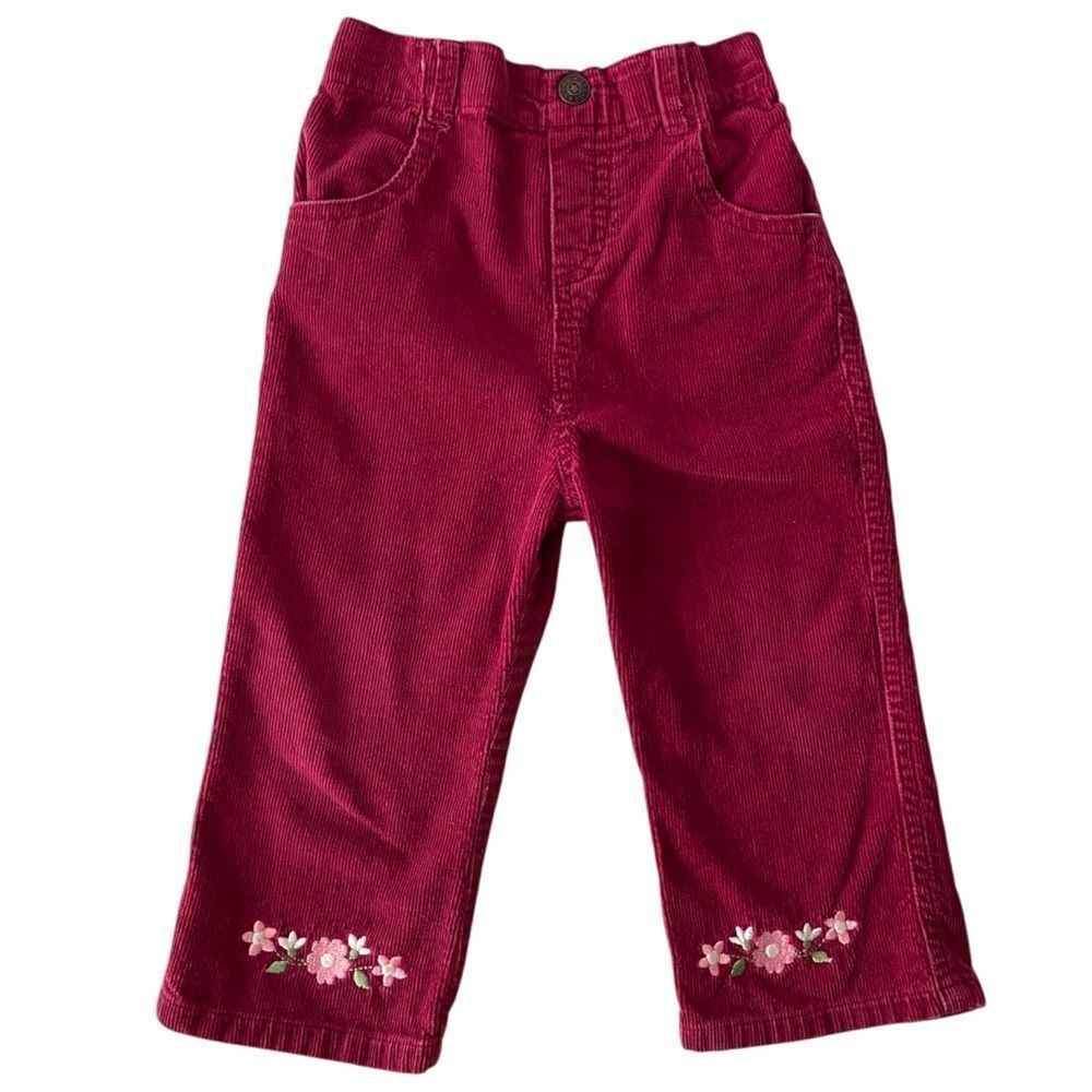 Vintage Kids Floral Embroidered Corduroy Pants 100% Cotton in Wine Red Size 24M